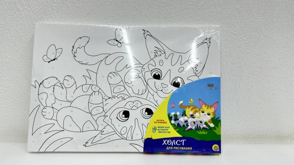 Холст с красками 20х30 см по номерам. КОТЯТА НА ЛУЖАЙКЕ (Арт. Х-6898)